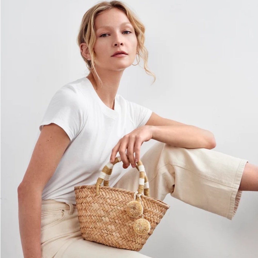 Mini St Tropez Pom Pom Straw Tote